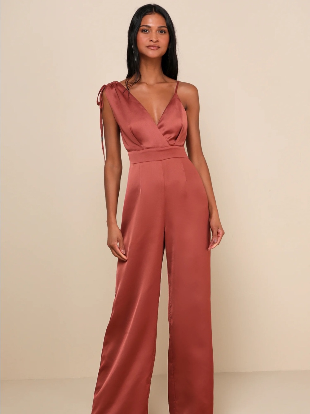 Look of Luxe Rusty Rose Satin Asymmetrical Wide-Leg Jumpsuit